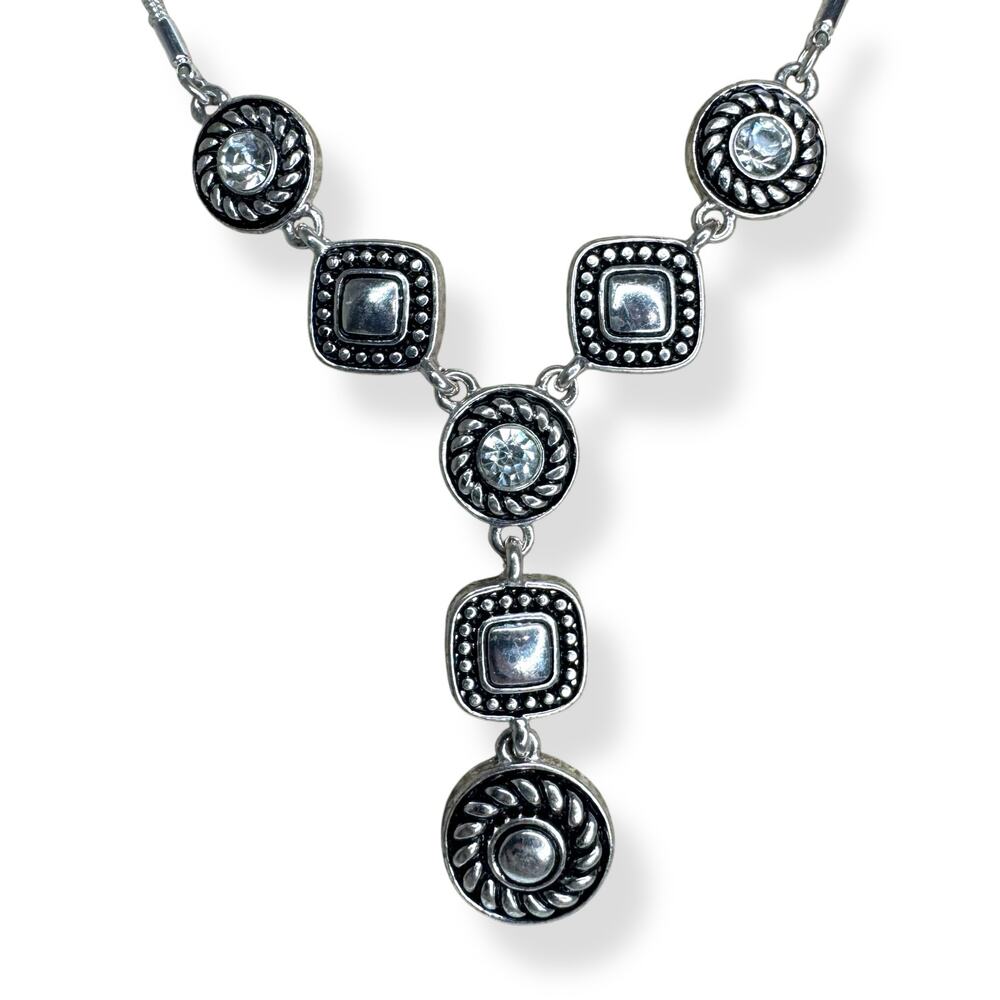Boho Silver Tone Statement Necklace Geometric Drop Pendant Adjustable Chain